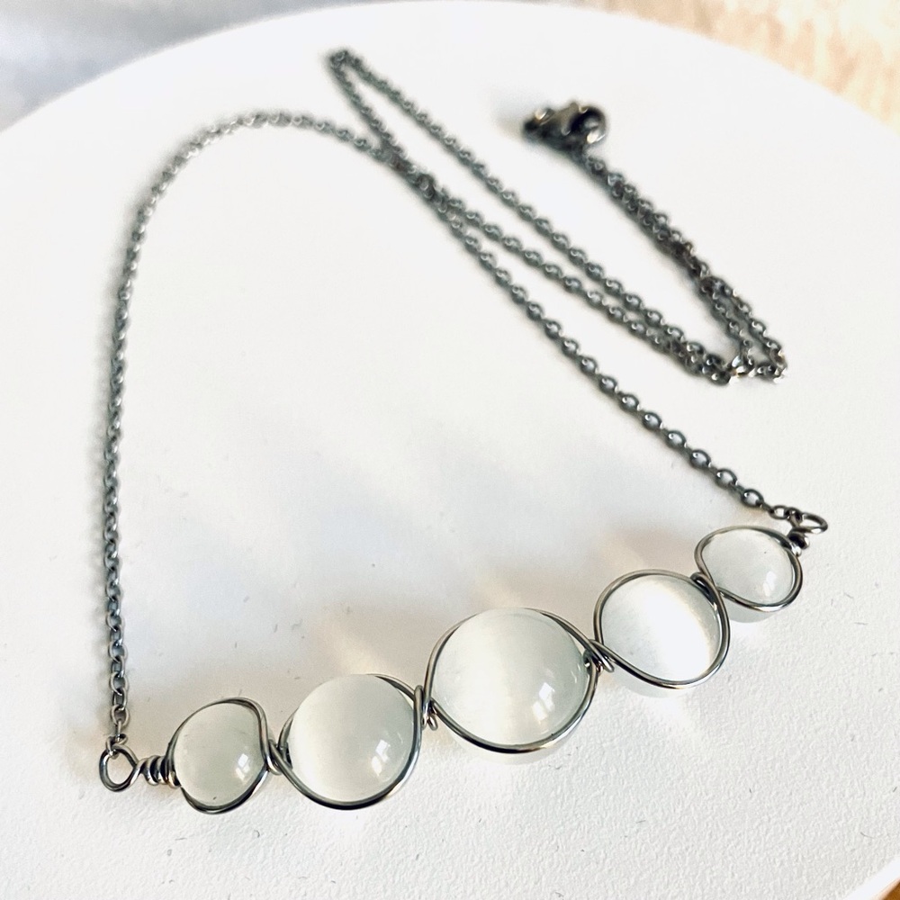 Handmade Natural Selenite Wire Wrapped Necklace in Stainless Steel